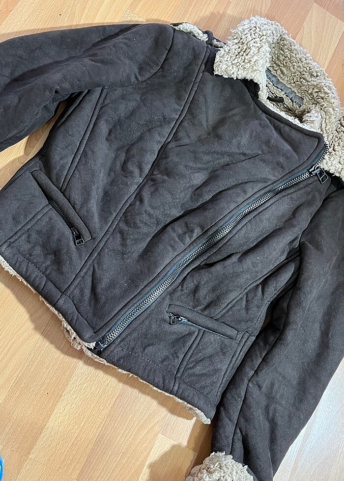 kahverengi kısa kaban yunlu içi çok sıcak tutar fermuarlı - Görsel 4