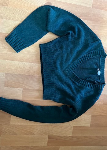 V Yaka Koyu yeşil Triko Kadın kısa Kazak - Görsel 2