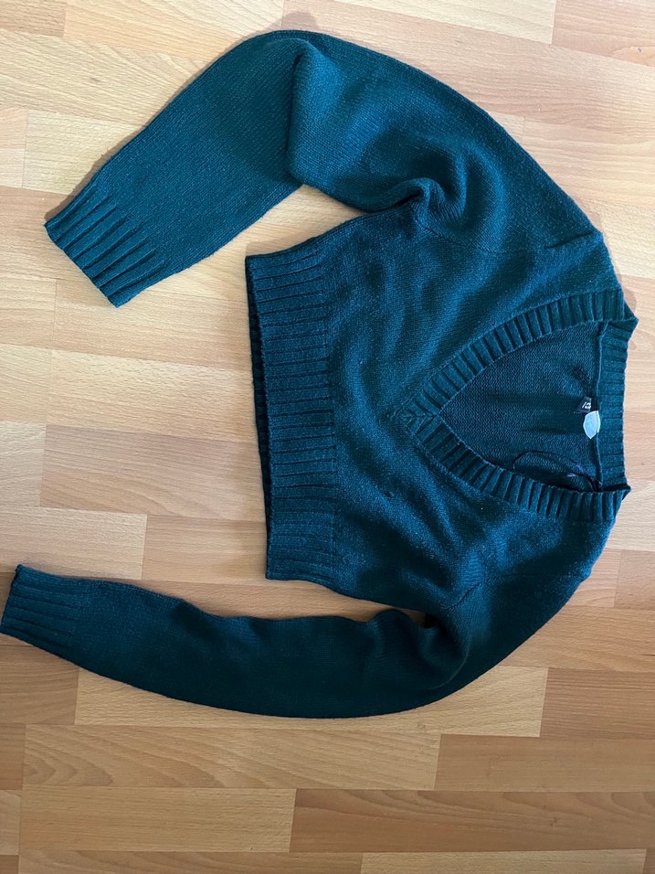 V Yaka Koyu yeşil Triko Kadın kısa Kazak - Görsel 2