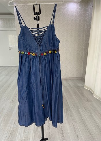 Jus De Pommes İpli Sırt Detaylı Mavi  Denim Elbise - Görsel 4