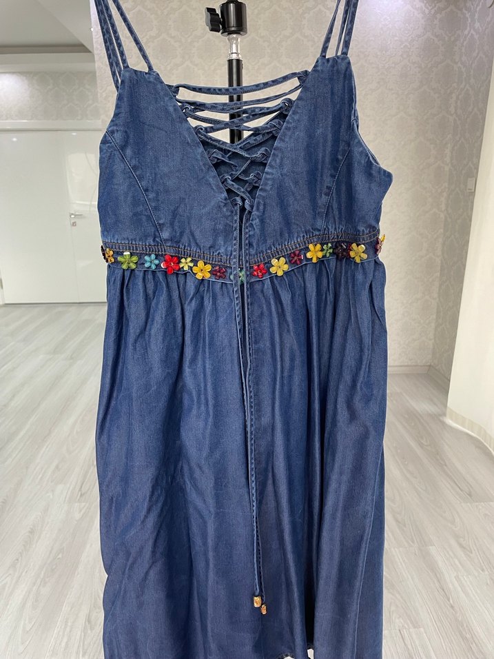 Jus De Pommes İpli Sırt Detaylı Mavi  Denim Elbise - Görsel 3