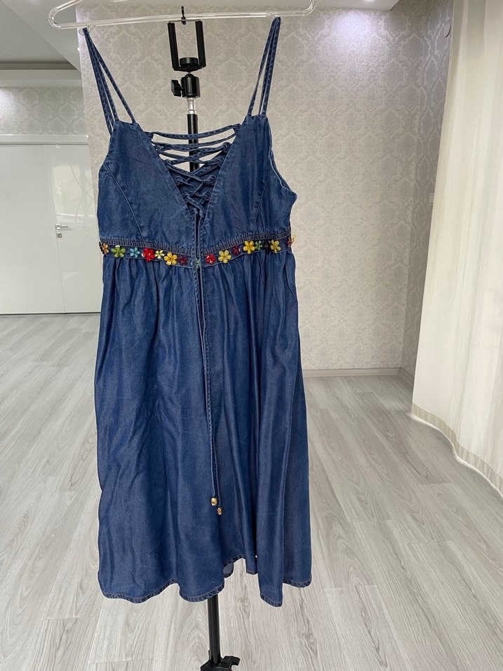 Jus De Pommes İpli Sırt Detaylı Mavi  Denim Elbise - Görsel 4