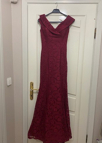 Bordo Dantelli V Yakalı Uzun Abiye Elbise - Görsel 2