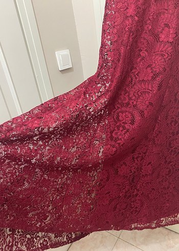 Bordo Dantelli V Yakalı Uzun Abiye Elbise - Görsel 3