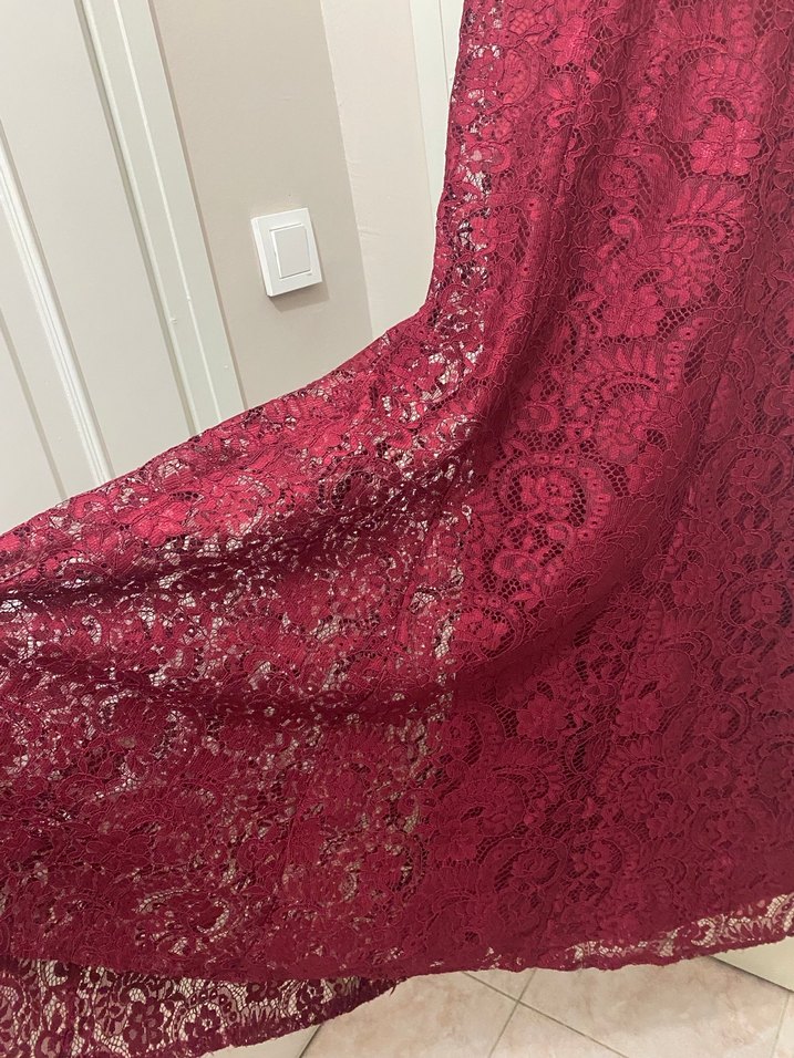 Bordo Dantelli V Yakalı Uzun Abiye Elbise - Görsel 3