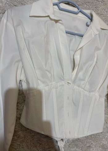 Düğmeli Beyaz Pamuklu Kadın Gömlek - Görsel 4