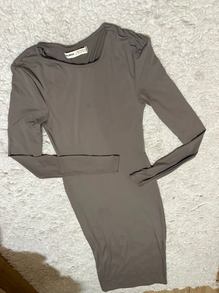 Gri Uzun Kollu Yüksek Yakalı Elbise - Görsel 3