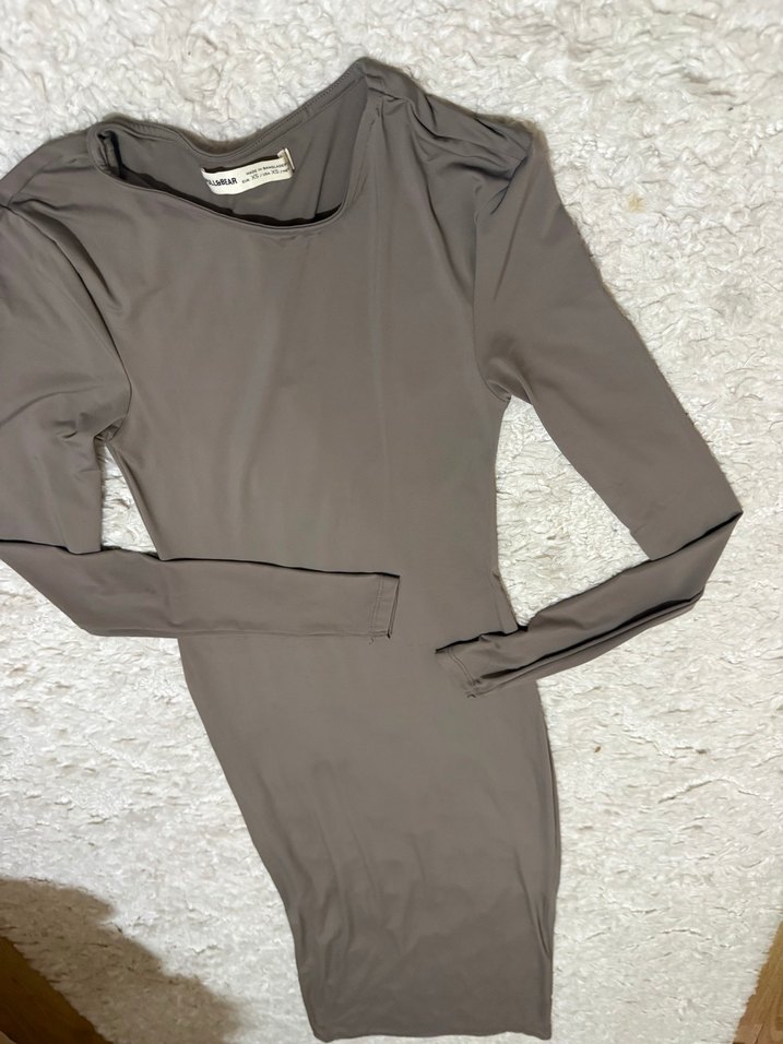 Gri Uzun Kollu Yüksek Yakalı Elbise - Görsel 4