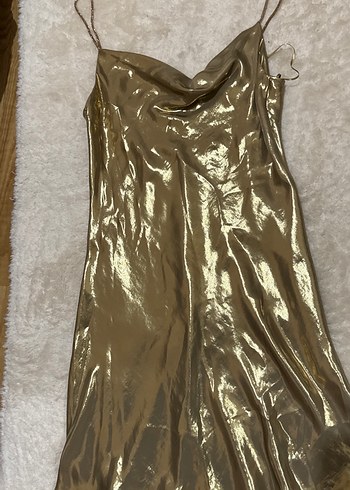 Parlak Altın Midi Drapeli Abiye Elbise - Görsel 2