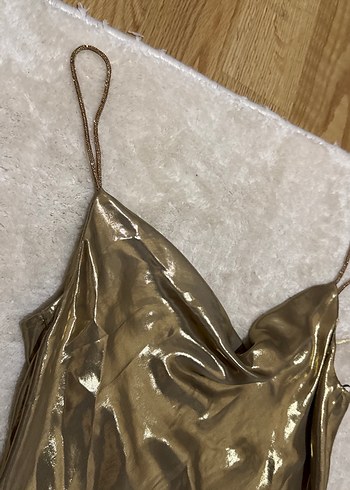 Parlak Altın Midi Drapeli Abiye Elbise - Görsel 3