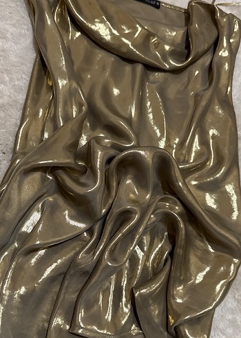 Parlak Altın Midi Drapeli Abiye Elbise - Görsel 5