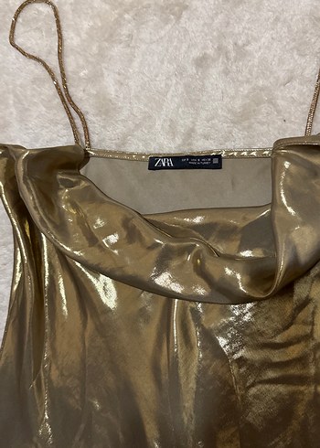 Parlak Altın Midi Drapeli Abiye Elbise - Görsel 4