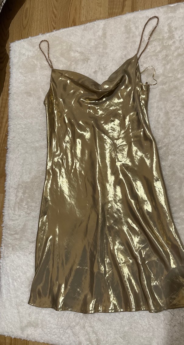 Parlak Altın Midi Drapeli Abiye Elbise - Görsel 2