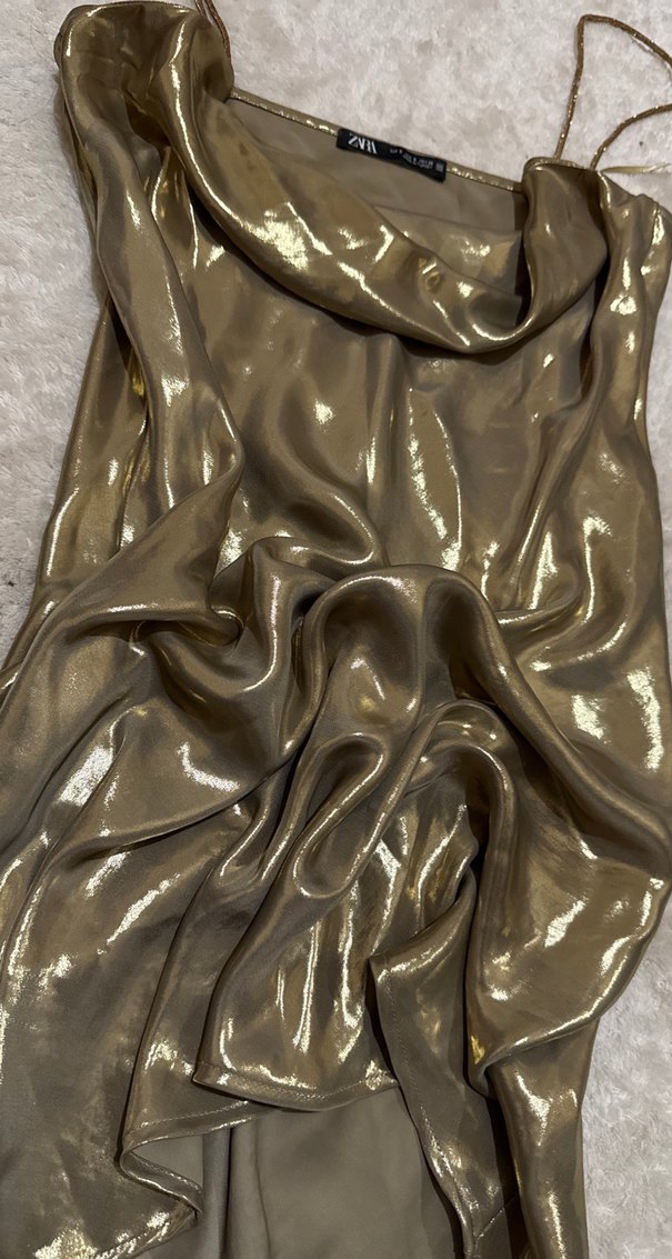 Parlak Altın Midi Drapeli Abiye Elbise - Görsel 5