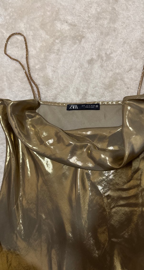 Parlak Altın Midi Drapeli Abiye Elbise - Görsel 4