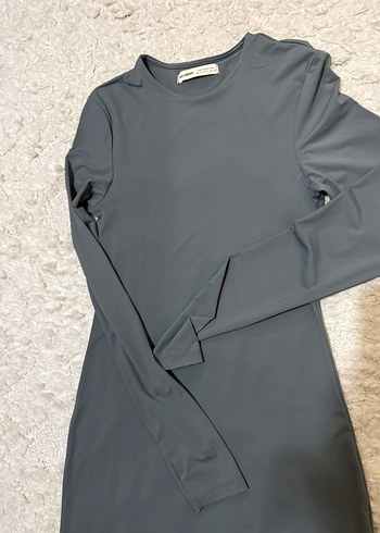 Uzun Kollu Gri Dar Kesim Elbise - Görsel 3