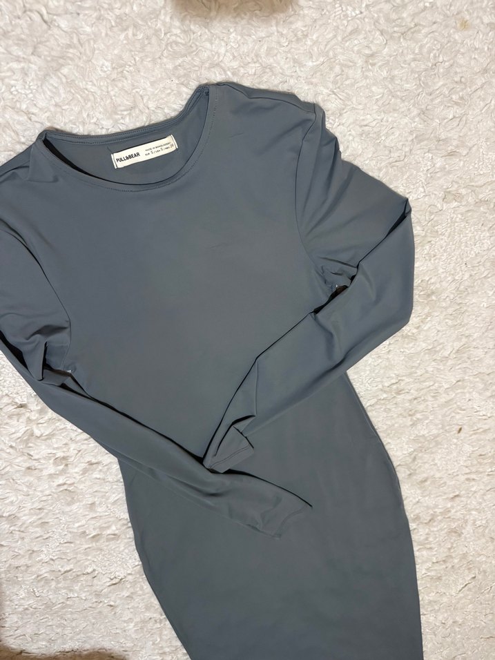 Uzun Kollu Gri Dar Kesim Elbise - Görsel 2