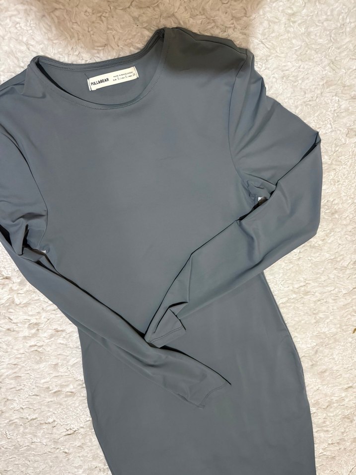 Uzun Kollu Gri Dar Kesim Elbise - Görsel 4