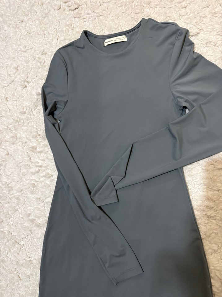 Uzun Kollu Gri Dar Kesim Elbise - Görsel 3