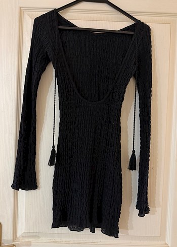 Püsküllü Siyah Uzun Kollu Triko Elbise - Görsel 2