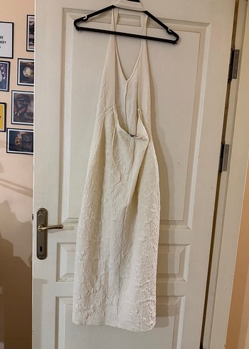 Nakışlı Beyaz Keten Uzun Elbise - Görsel 2