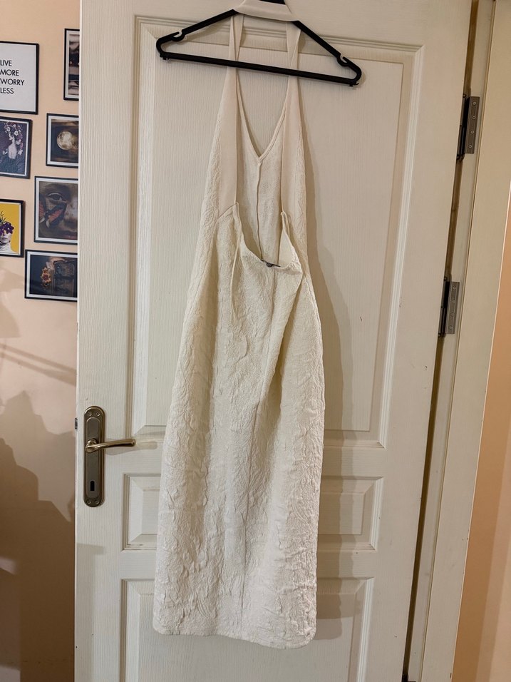 Nakışlı Beyaz Keten Uzun Elbise - Görsel 2