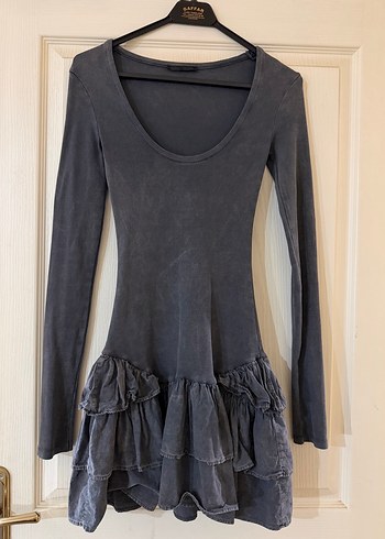 Gri Uzun Kollu Fırfırlı Midi Triko Elbise - Görsel 2