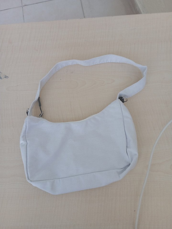 Beyaz Minimalist Keten Fermuarlı Kadın Çanta - Görsel 3