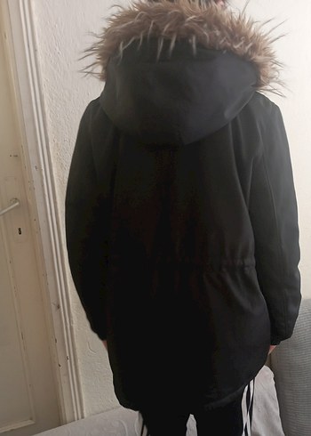 Siyah Kürklü Kapüşonlu Midi Kadın Ceket - Görsel 2