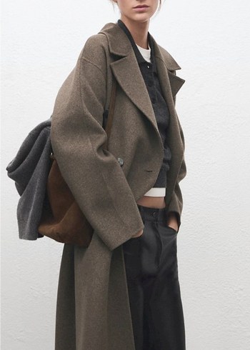 Mango Orta Kahverengi Oversize Yün Kaban - Görsel 4