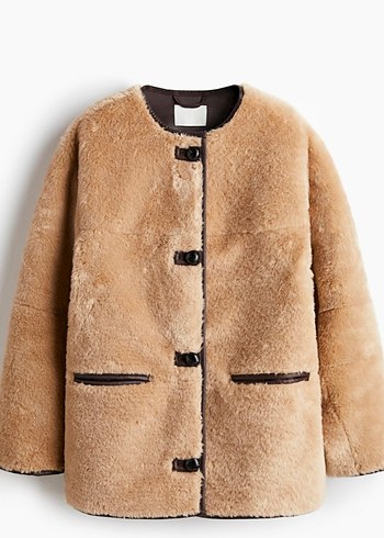 H&M Bej Kabarık Tüylü Kısa Kadın Ceket - Görsel 2