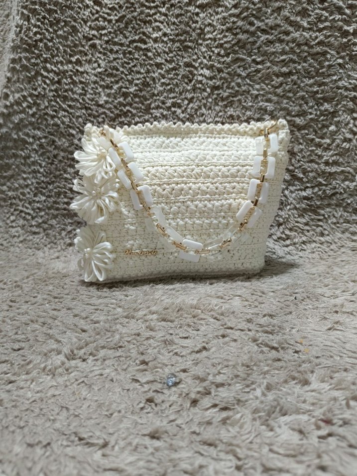 Örgü Beyaz Bohem Kadın Çantası - Görsel 2