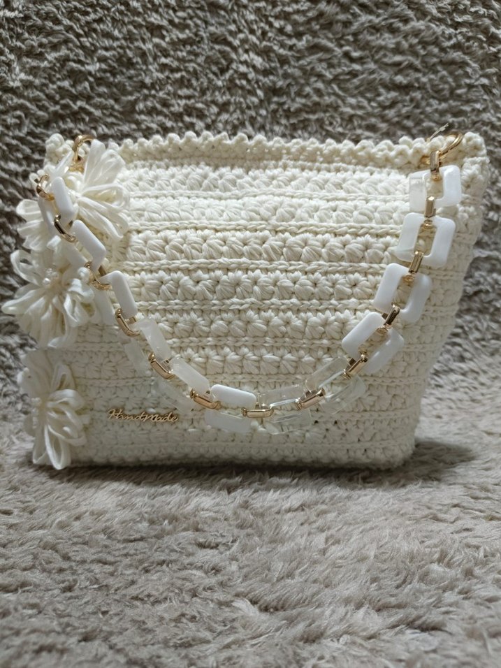 Örgü Beyaz Bohem Kadın Çantası - Görsel 3