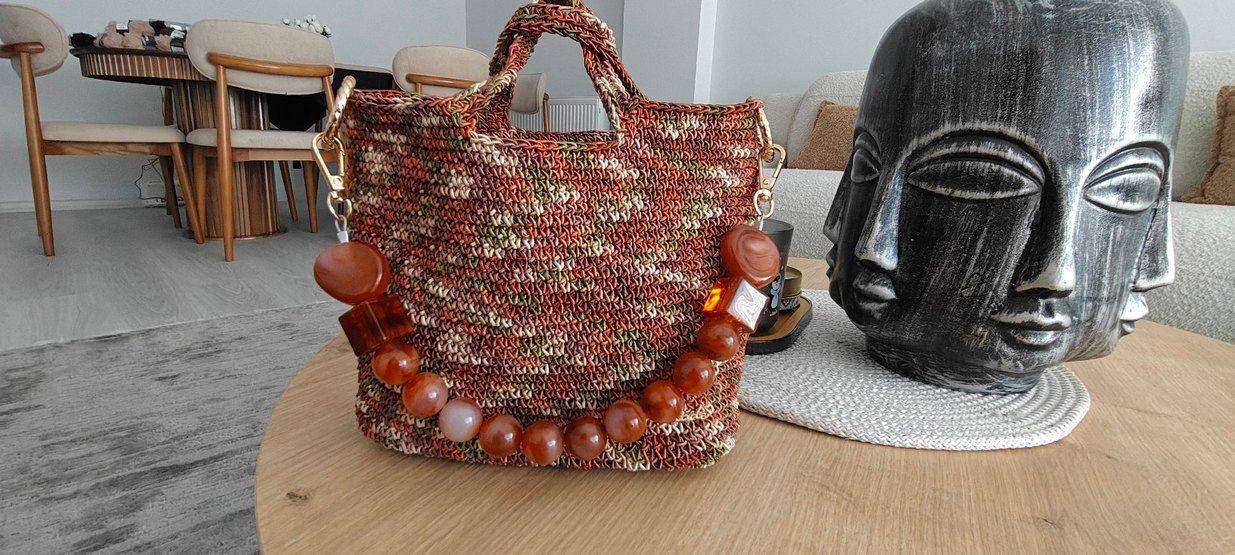 Boncuk Detaylı Örgü Bohem Kadın Çanta - Görsel 4