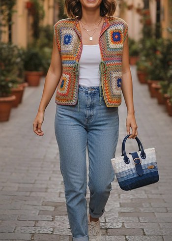 Renkli Örgü yelek - Görsel 2