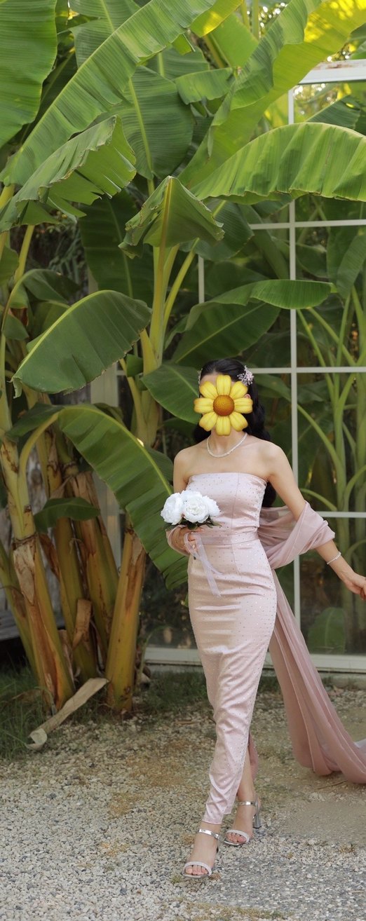 Pembe pelerinli Uzun Kadın Abiye Elbise - Görsel 4