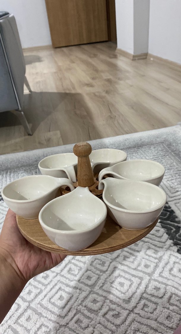 Doğal Ahşap ve Seramik 6lı Sos Tabak Seti — görsel 2/2