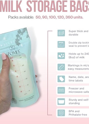 Zomee 100'lü Süt Saklama Poşeti 240ml - Görsel 6