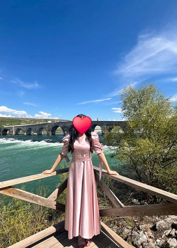 pudra pembesi saten kare yaka rüya elbise - Görsel 4