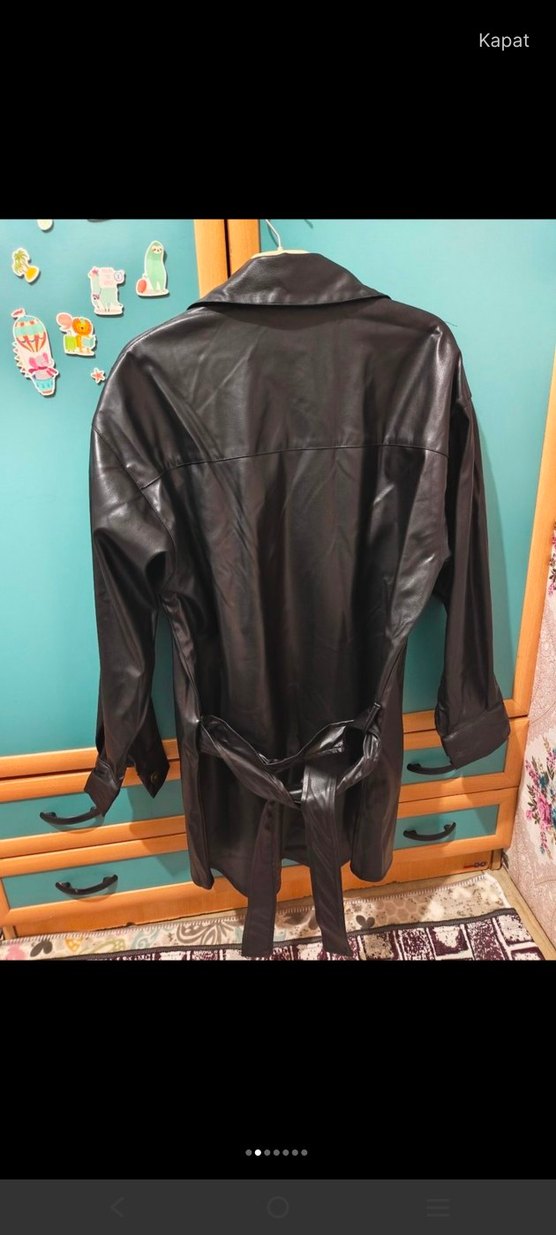 Kadın Siyah Uzun Deri Ceket - Görsel 2