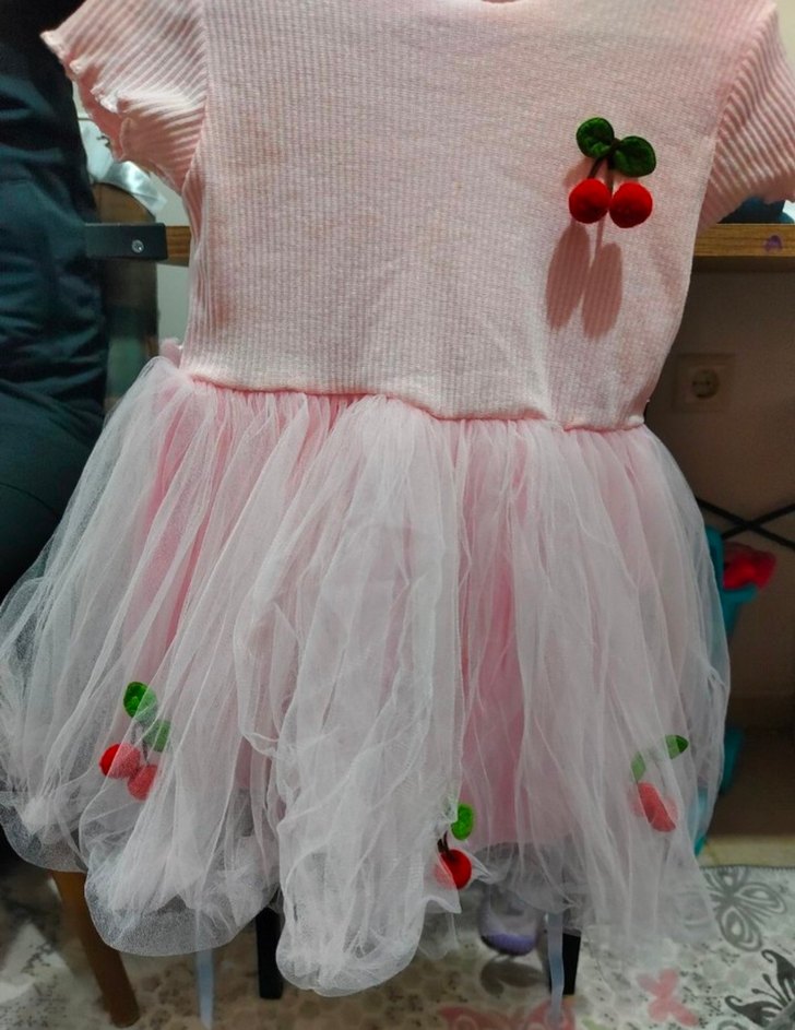 Pembe Kız Çocuk Kısa Kollu Fırfırlı Elbise - Görsel 3