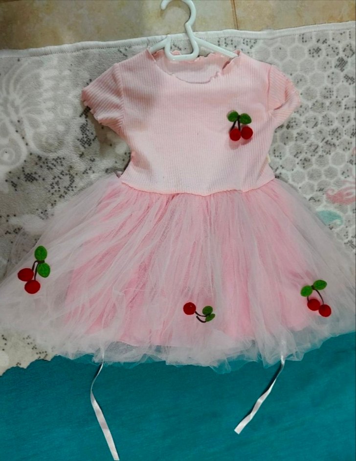 Pembe Kız Çocuk Kısa Kollu Fırfırlı Elbise - Görsel 2