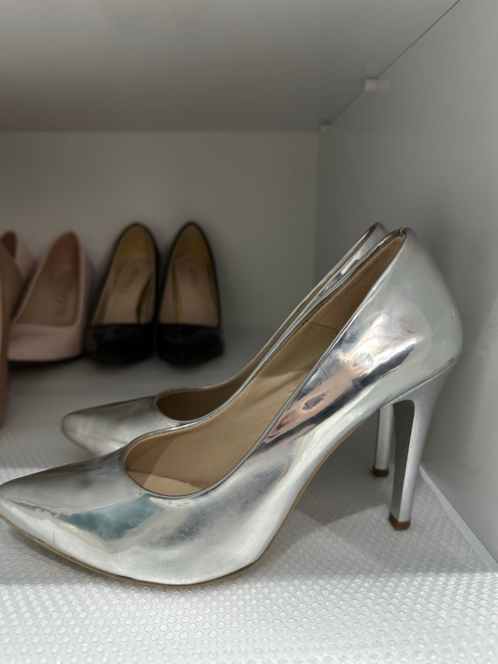 Gümüş Parlak Metal Topuklu Stiletto Kadın Ayakkabı - Görsel 3