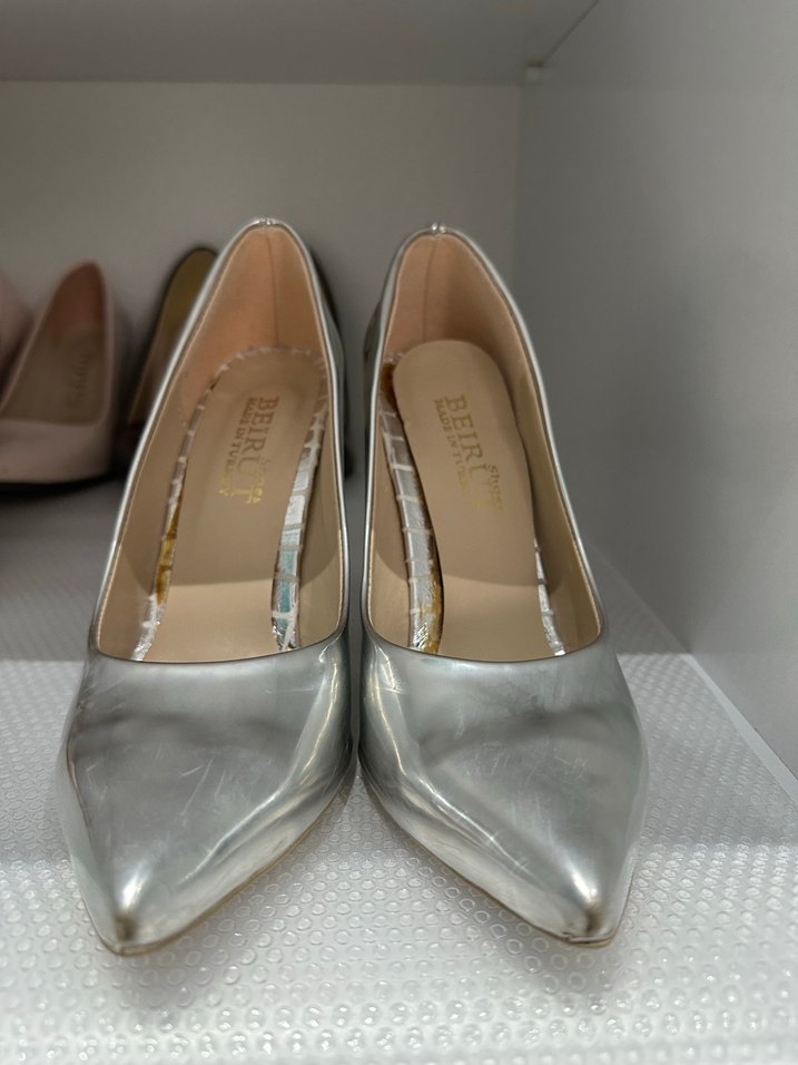 Gümüş Parlak Metal Topuklu Stiletto Kadın Ayakkabı - Görsel 2