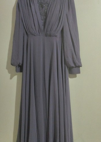 Gri İşlemeli V Yaka Uzun Kollu Abiye Elbise - Görsel 2