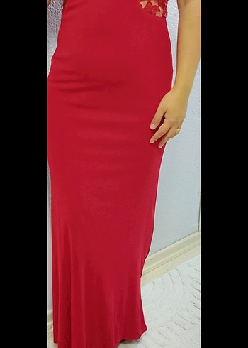 Kırmızı Dantel Detaylı Uzun Abiye Elbise - Görsel 2