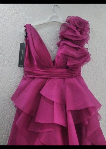 Gül Kurusu Uzun Volanlı V Yakalı Abiye Elbise - Görsel 2