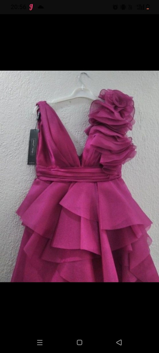 Gül Kurusu Uzun Volanlı V Yakalı Abiye Elbise - Görsel 2