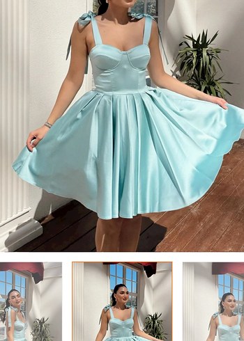 Zara Turkuaz Mavisi Saten Mini Elbise Romantik Ve Sik