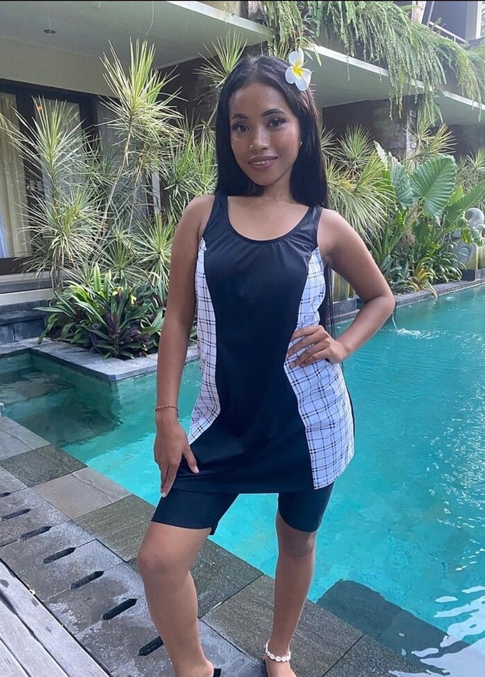 Taytlı bluzlu mayo,Ekose Desenli Siyah Mini Kadın Mayo - Görsel 2